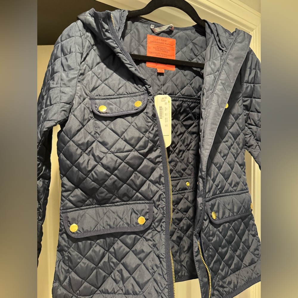 J. Crew Signature Hooded Puffer Jacket in navy with quilted PrimaLoft insulation